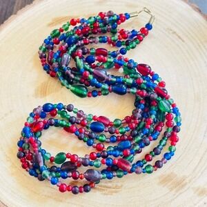 VTG BOHO Necklace colorful poured Retro Glass beaded Multi strand Statement 28"